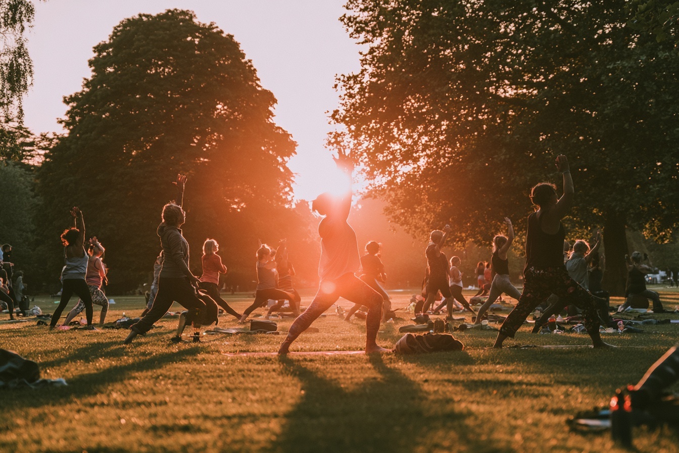 A friendly group exercising together in a park at golden hour